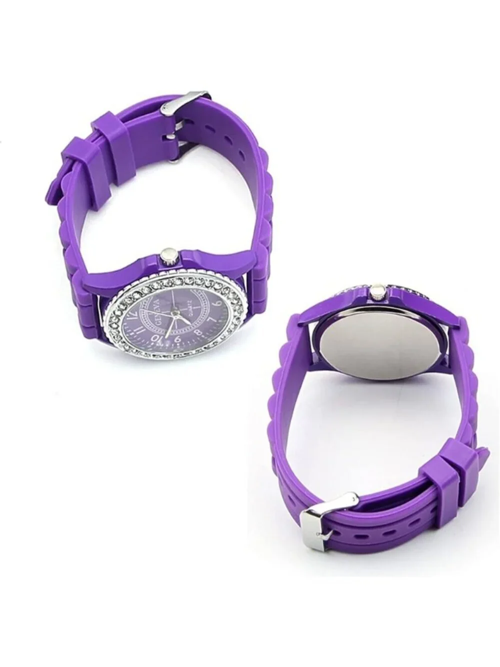 Women's Purple Analog Quartz Silicone Band Lady Digital Rhinestone Wrist Watch